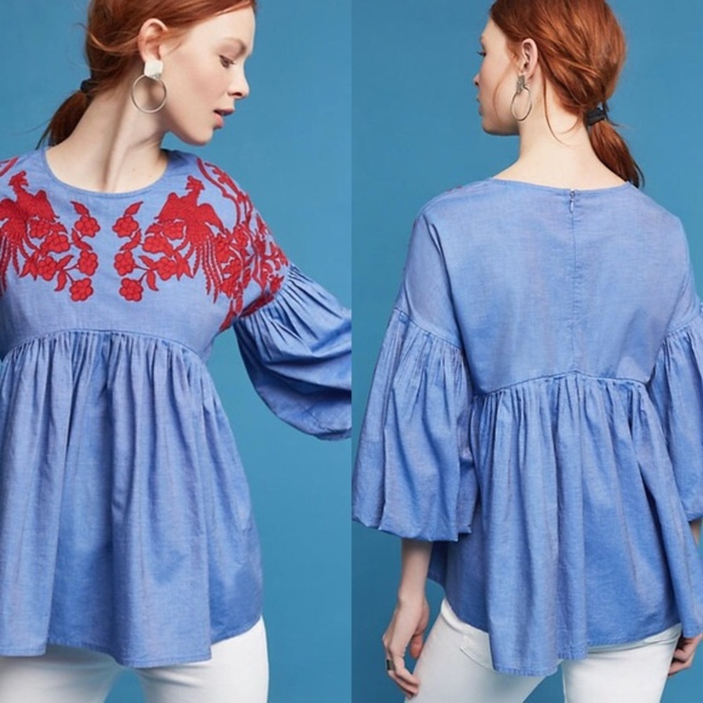 Anthropologie Hemant & Nandita LIANNA EMBROIDERED Sz Medium Blue Red Peasant Top